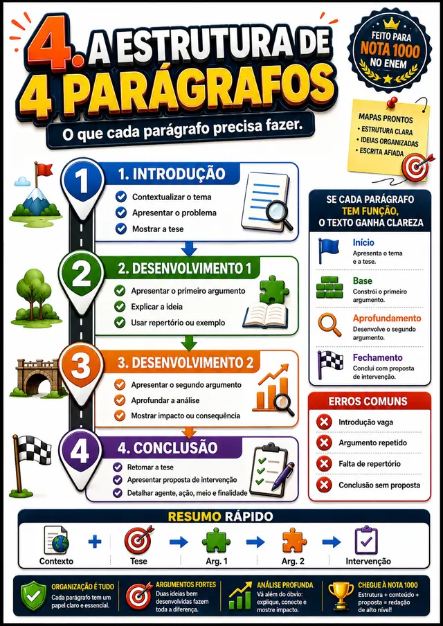 Guia, A Estrutura de 4 Parágrafos: esquema visual pronto para aplicar na redação