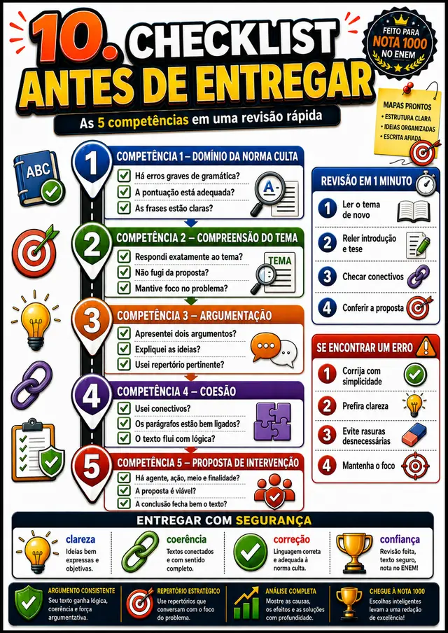 Guia, Checklist Antes de Entregar: esquema visual pronto para aplicar na redação