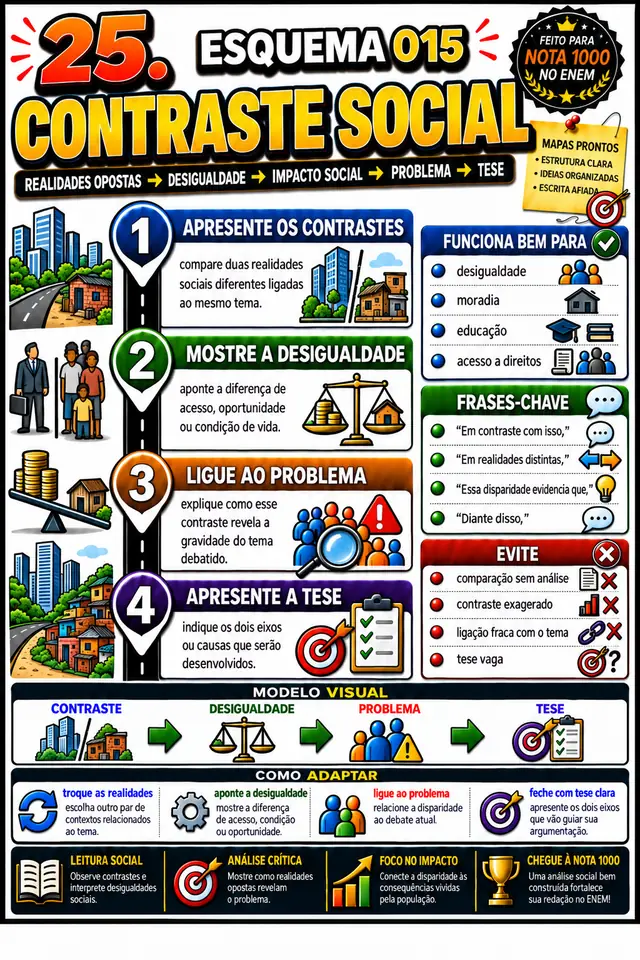 Esquema 015, Contraste Social: esquema visual pronto para aplicar na redação