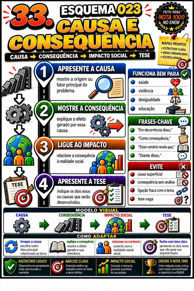 Esquema 023, Causa e Consequência: esquema visual pronto para aplicar na redação